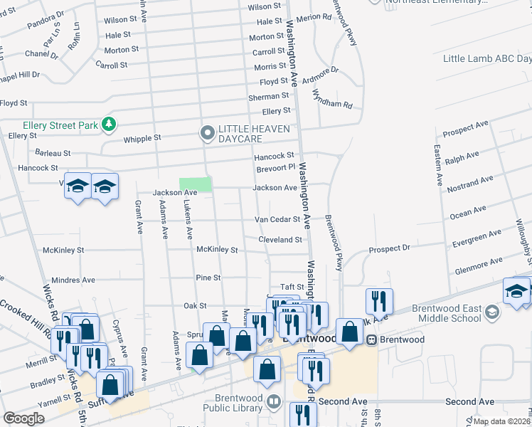 map of restaurants, bars, coffee shops, grocery stores, and more near 52 Jefferson Avenue in Brentwood
