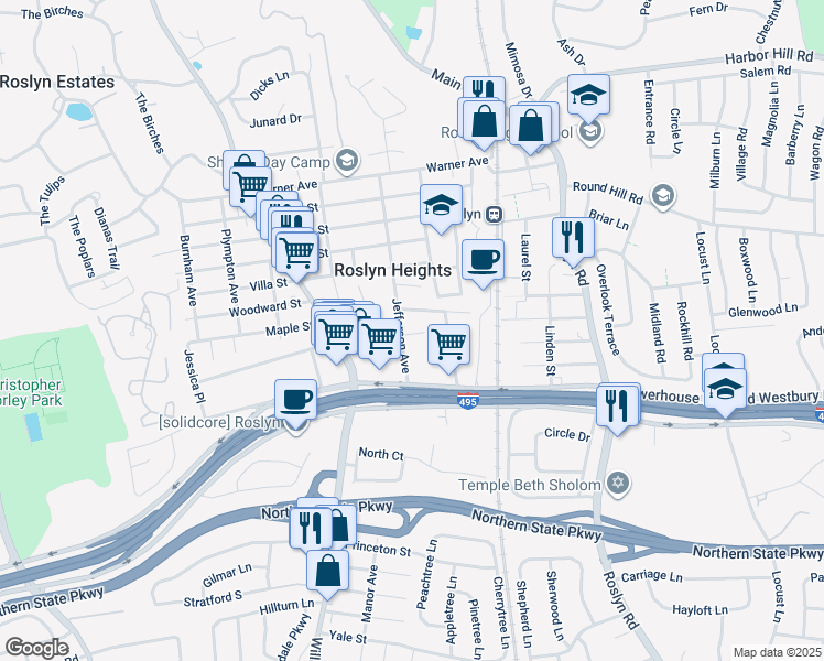 map of restaurants, bars, coffee shops, grocery stores, and more near 151 Jefferson Avenue in Roslyn Heights