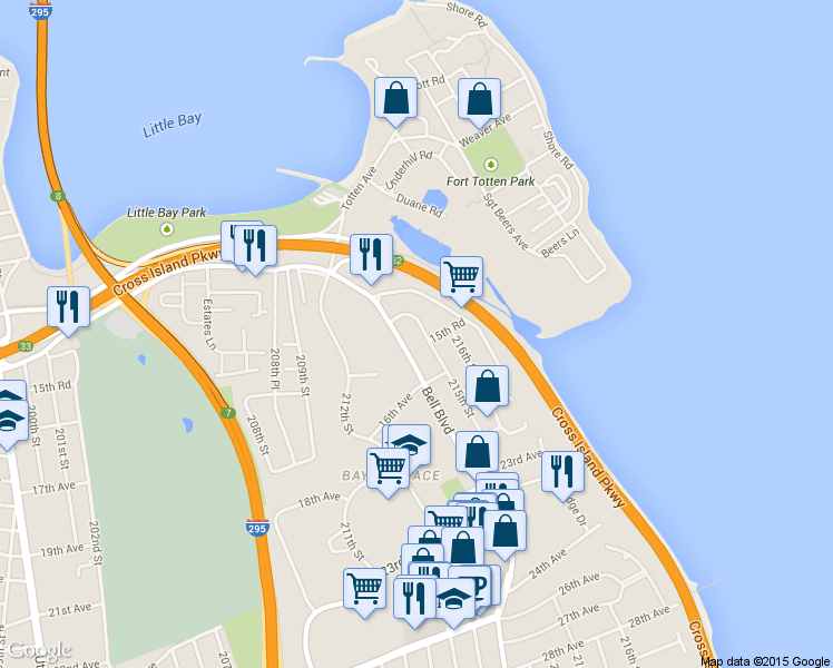 map of restaurants, bars, coffee shops, grocery stores, and more near 15-33 Bell Boulevard in Queens
