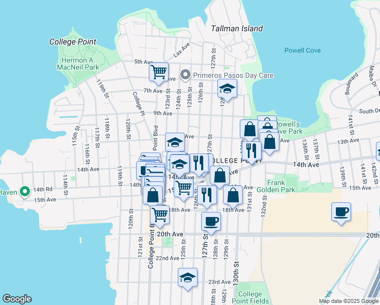 map of restaurants, bars, coffee shops, grocery stores, and more near 1303 126th Street in Queens