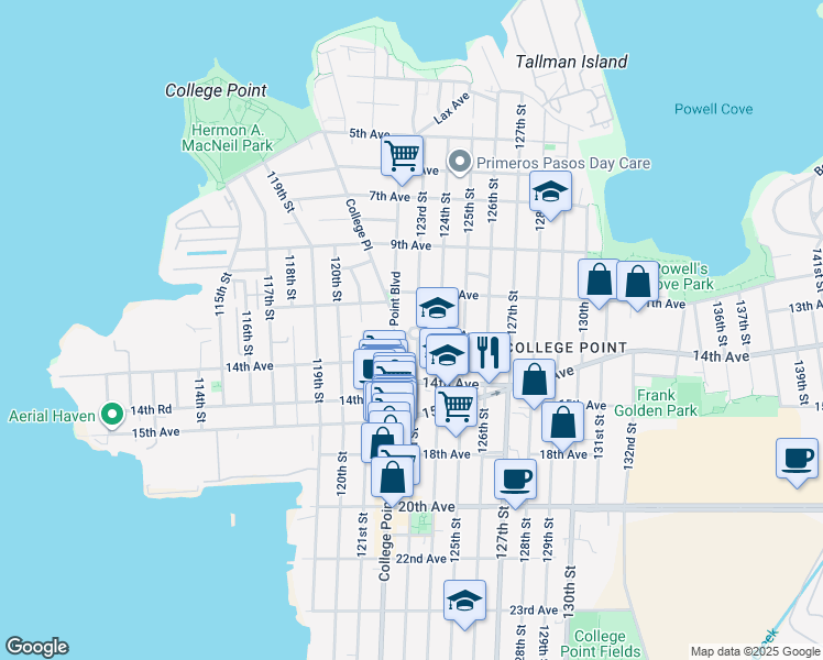 map of restaurants, bars, coffee shops, grocery stores, and more near 13-02 123rd Street in Queens