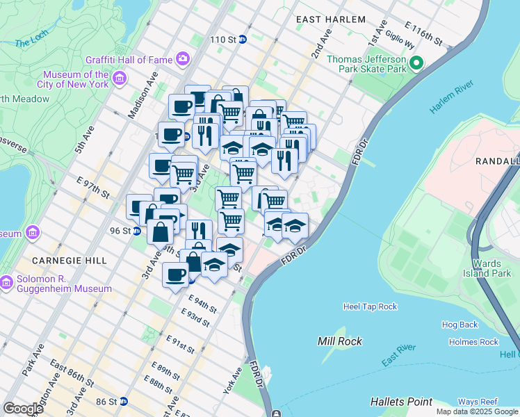 map of restaurants, bars, coffee shops, grocery stores, and more near 313 East 100th Street in New York