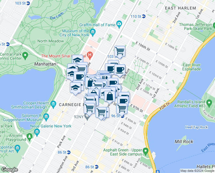 map of restaurants, bars, coffee shops, grocery stores, and more near 135 East 97th Street in New York