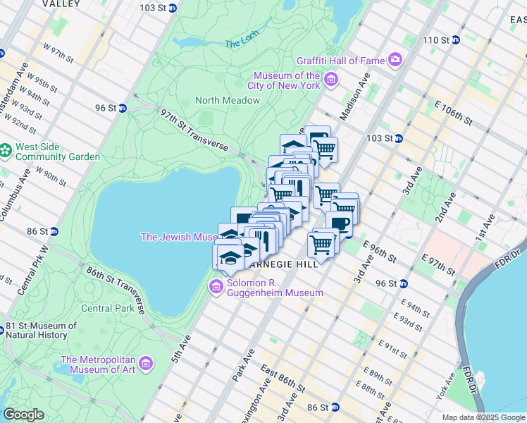 map of restaurants, bars, coffee shops, grocery stores, and more near 5 East 94th Street in New York