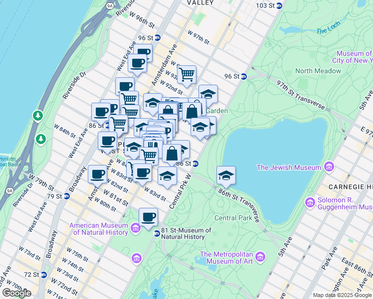 map of restaurants, bars, coffee shops, grocery stores, and more near 7 West 87th Street in New York