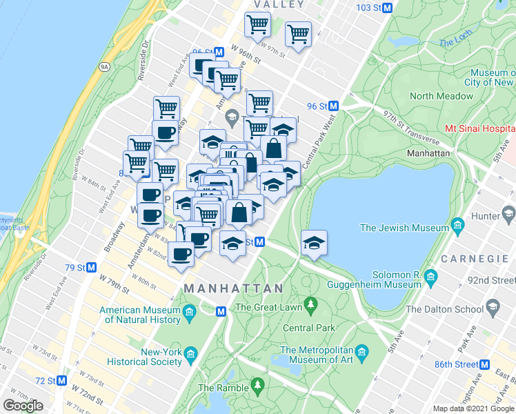 map of restaurants, bars, coffee shops, grocery stores, and more near 7 West 87th Street in New York