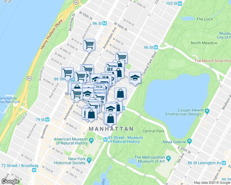 map of restaurants, bars, coffee shops, grocery stores, and more near 50 West 87th Street in New York