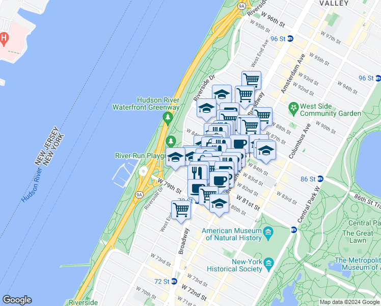 map of restaurants, bars, coffee shops, grocery stores, and more near 301 West 82nd Street in New York