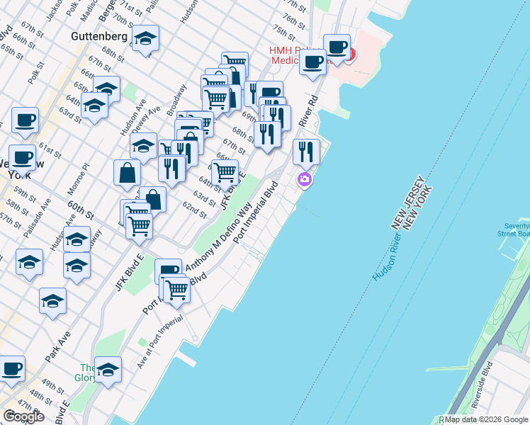 map of restaurants, bars, coffee shops, grocery stores, and more near in West New York