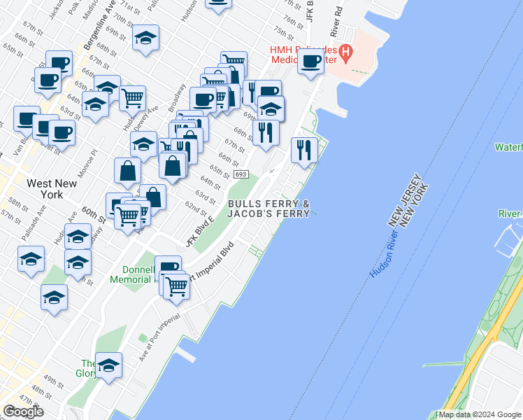 map of restaurants, bars, coffee shops, grocery stores, and more near in West New York