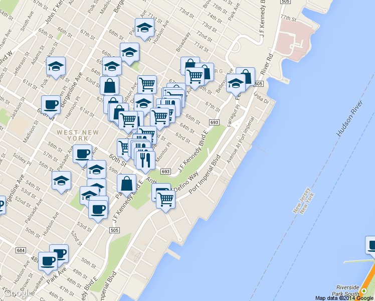map of restaurants, bars, coffee shops, grocery stores, and more near 6114 Highland Place in West New York