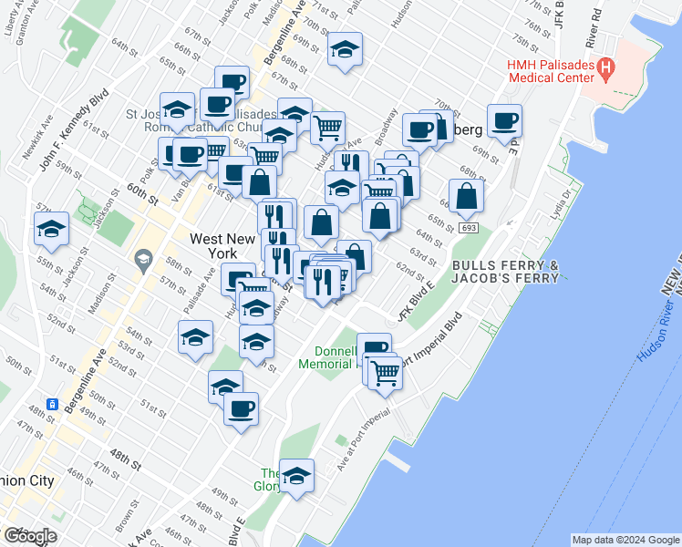map of restaurants, bars, coffee shops, grocery stores, and more near 6035 Park Avenue in West New York