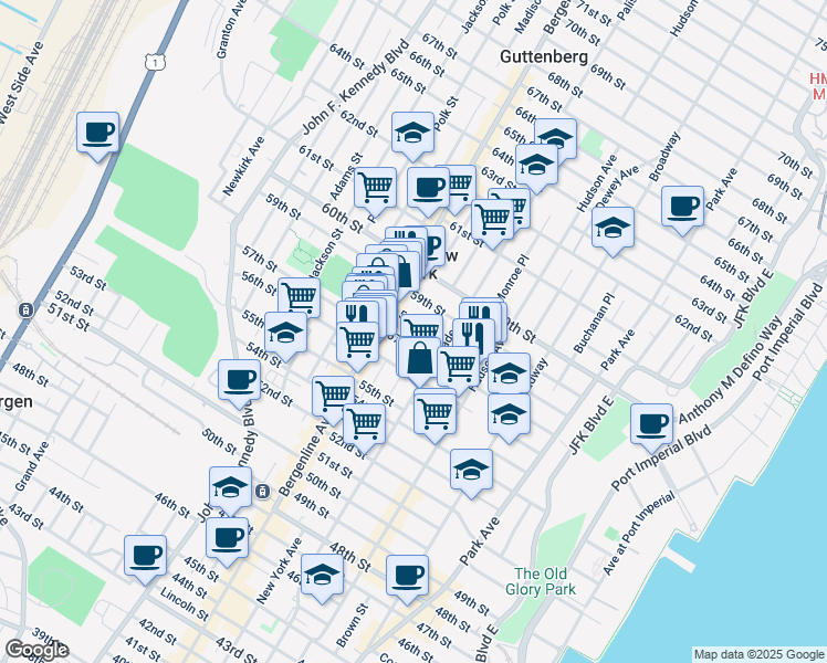 map of restaurants, bars, coffee shops, grocery stores, and more near 410 57th Street in West New York