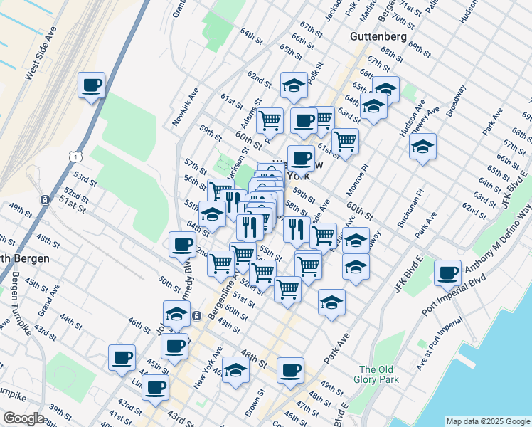 map of restaurants, bars, coffee shops, grocery stores, and more near in West New York