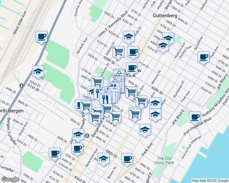 map of restaurants, bars, coffee shops, grocery stores, and more near 515 56th Street in West New York