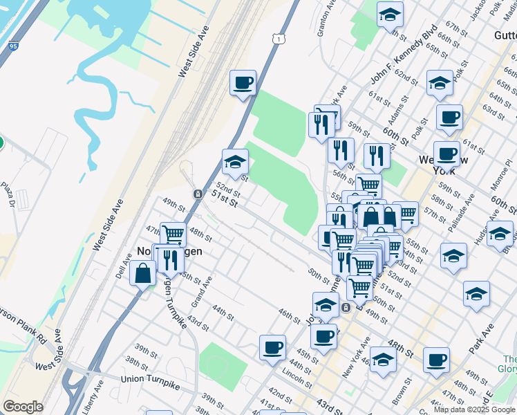 map of restaurants, bars, coffee shops, grocery stores, and more near 1453 51st Street in North Bergen