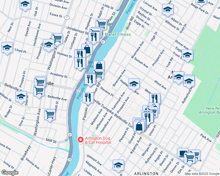 map of restaurants, bars, coffee shops, grocery stores, and more near 114 Stevens Place in North Arlington
