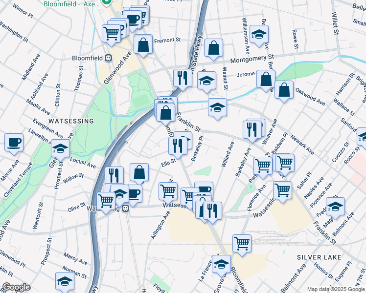 map of restaurants, bars, coffee shops, grocery stores, and more near 351 Bloomfield Avenue in Bloomfield