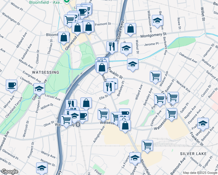 map of restaurants, bars, coffee shops, grocery stores, and more near 70 Hill Street in Bloomfield