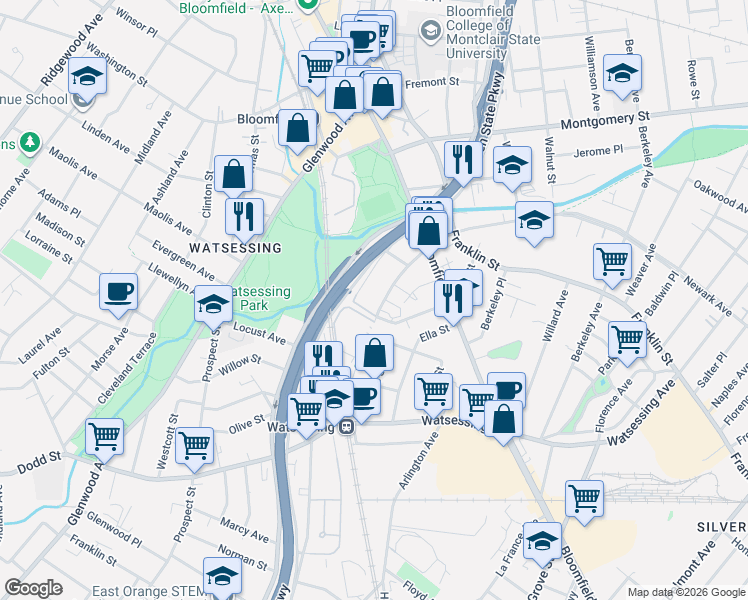 map of restaurants, bars, coffee shops, grocery stores, and more near 104 Orange Street in Bloomfield