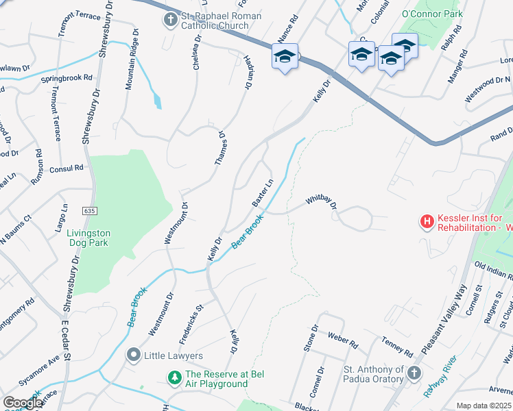 map of restaurants, bars, coffee shops, grocery stores, and more near 39 Baxter Lane in West Orange