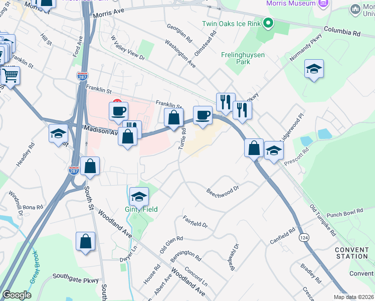 map of restaurants, bars, coffee shops, grocery stores, and more near 19 Village Drive in Morristown