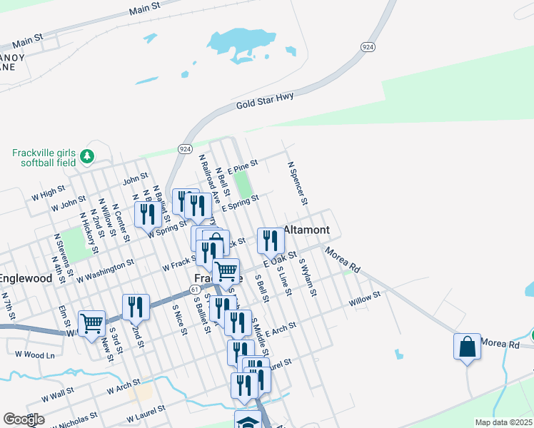 map of restaurants, bars, coffee shops, grocery stores, and more near 21 North Line Street in Frackville