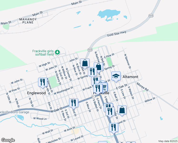 map of restaurants, bars, coffee shops, grocery stores, and more near 109 North Balliet Street in Frackville