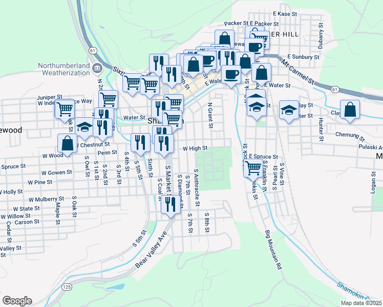 map of restaurants, bars, coffee shops, grocery stores, and more near 59 South 7th Street in Shamokin