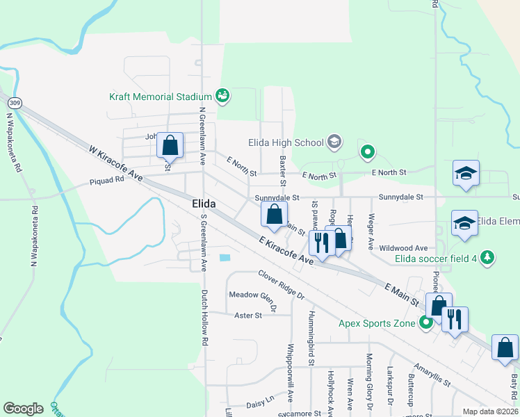 map of restaurants, bars, coffee shops, grocery stores, and more near 218 East Main Street in Elida