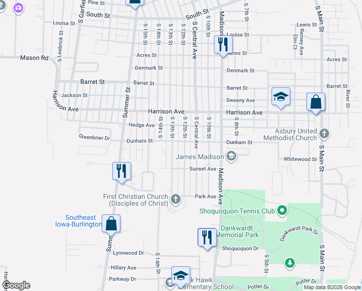 map of restaurants, bars, coffee shops, grocery stores, and more near 2118 South 13th Street in Burlington