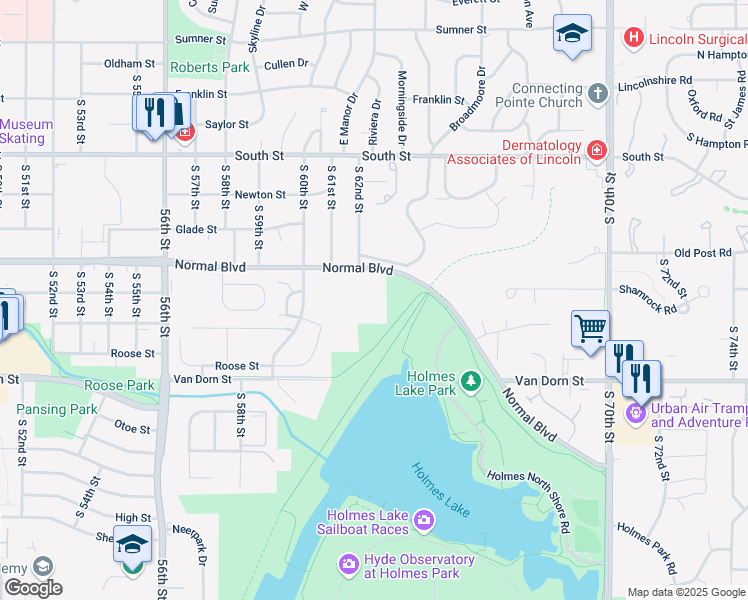 map of restaurants, bars, coffee shops, grocery stores, and more near 6201 Normal Boulevard in Lincoln
