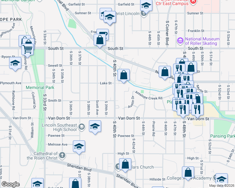 map of restaurants, bars, coffee shops, grocery stores, and more near 2646 South 40th Street in Lincoln
