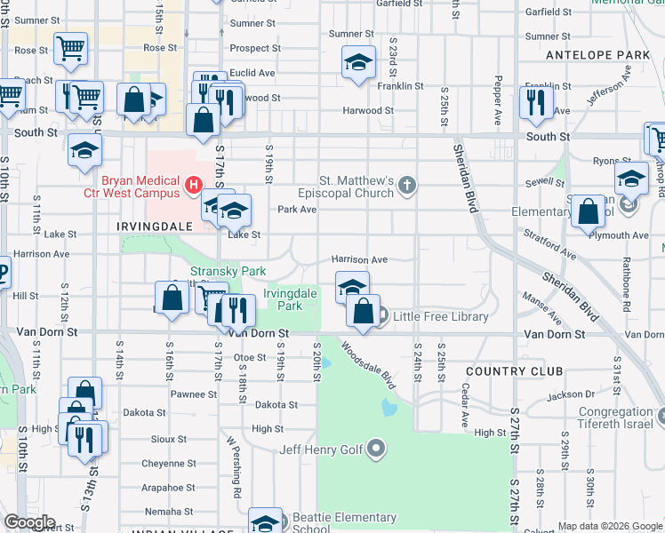 map of restaurants, bars, coffee shops, grocery stores, and more near 2020 Smith Street in Lincoln
