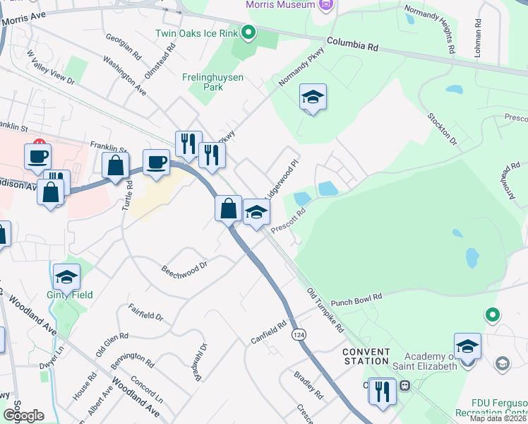 map of restaurants, bars, coffee shops, grocery stores, and more near 20 Normandy Boulevard West in Morristown