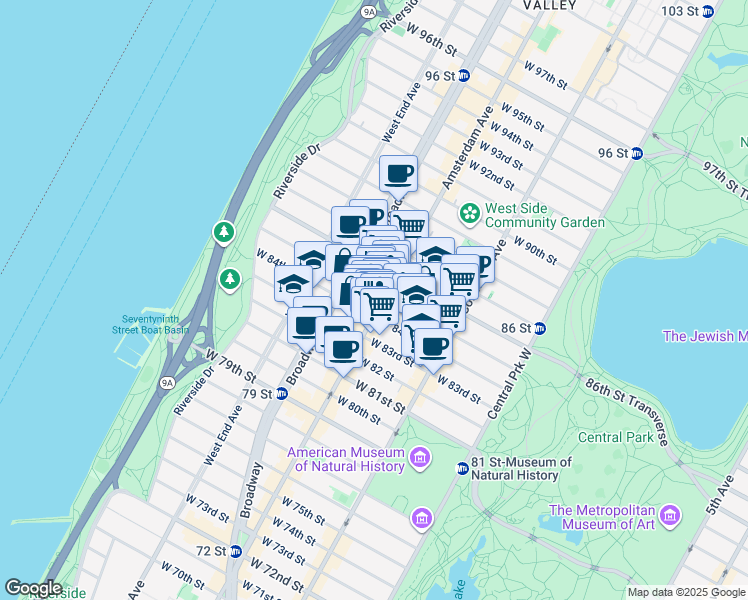 map of restaurants, bars, coffee shops, grocery stores, and more near 510 Amsterdam Avenue in New York