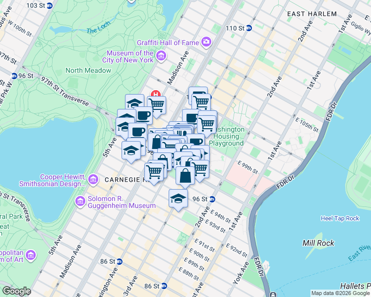 map of restaurants, bars, coffee shops, grocery stores, and more near 1515 Lexington Avenue in New York