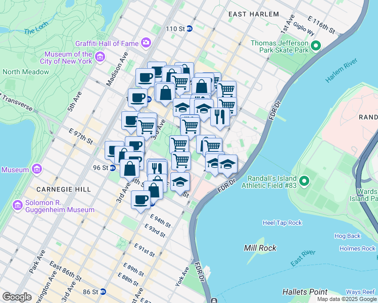 map of restaurants, bars, coffee shops, grocery stores, and more near 313 East 100th Street in New York