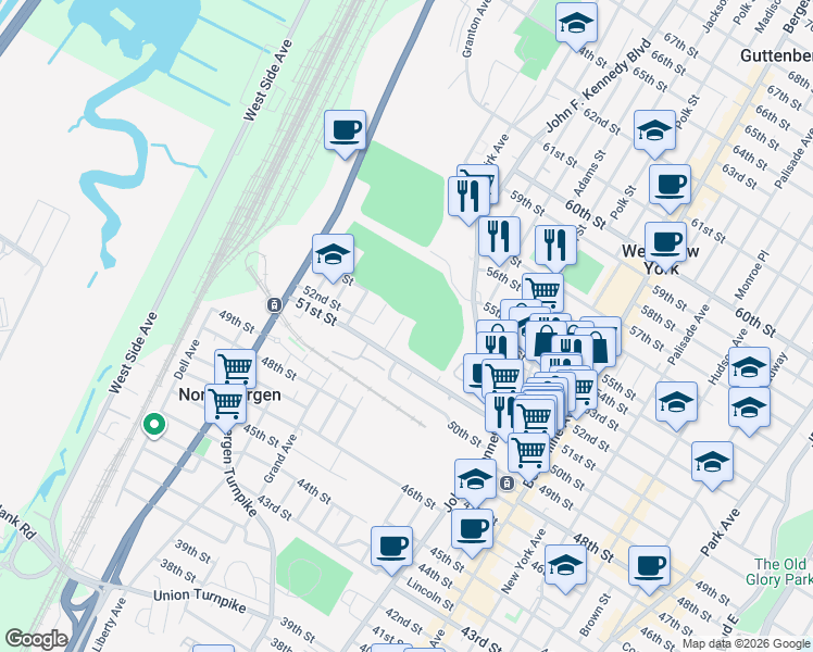 map of restaurants, bars, coffee shops, grocery stores, and more near 5204 Meadowview Avenue in North Bergen