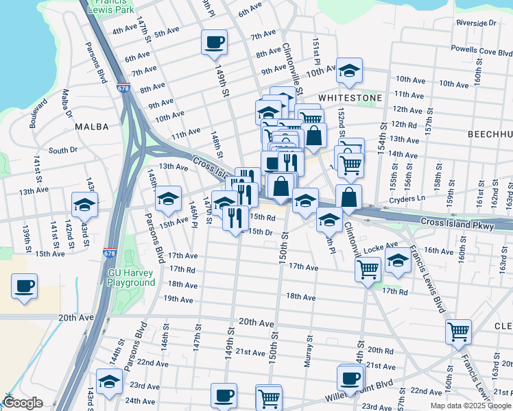 map of restaurants, bars, coffee shops, grocery stores, and more near 149-20 Cross Island Parkway in Queens