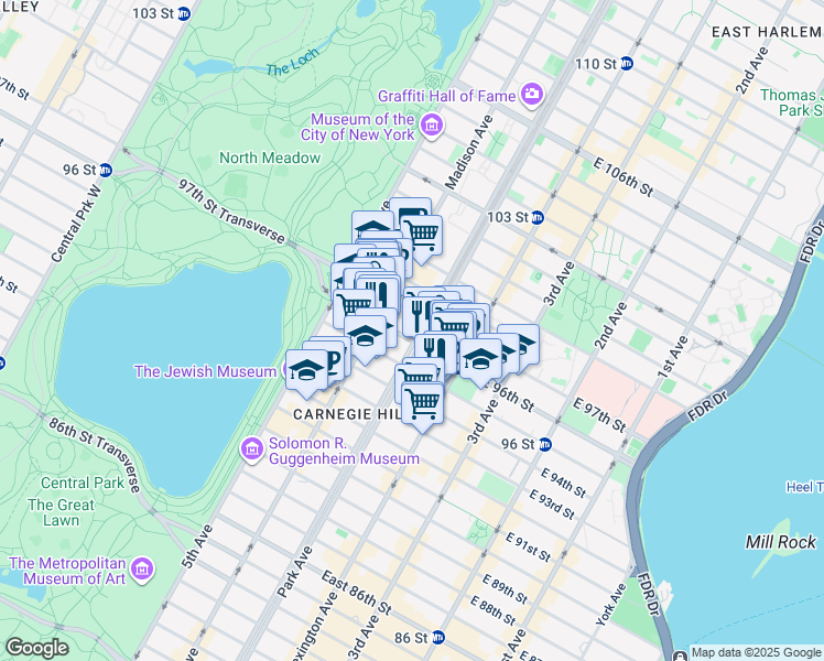 map of restaurants, bars, coffee shops, grocery stores, and more near 1240 Park Avenue in New York
