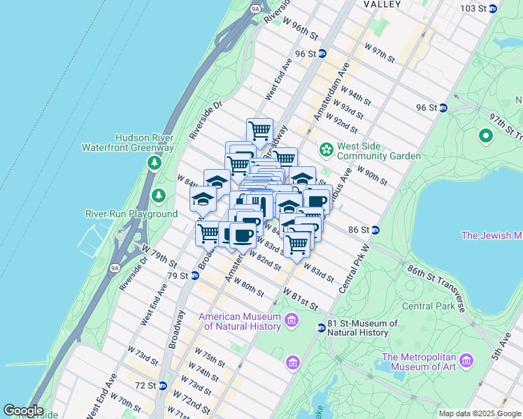 map of restaurants, bars, coffee shops, grocery stores, and more near 514 Amsterdam Avenue in New York