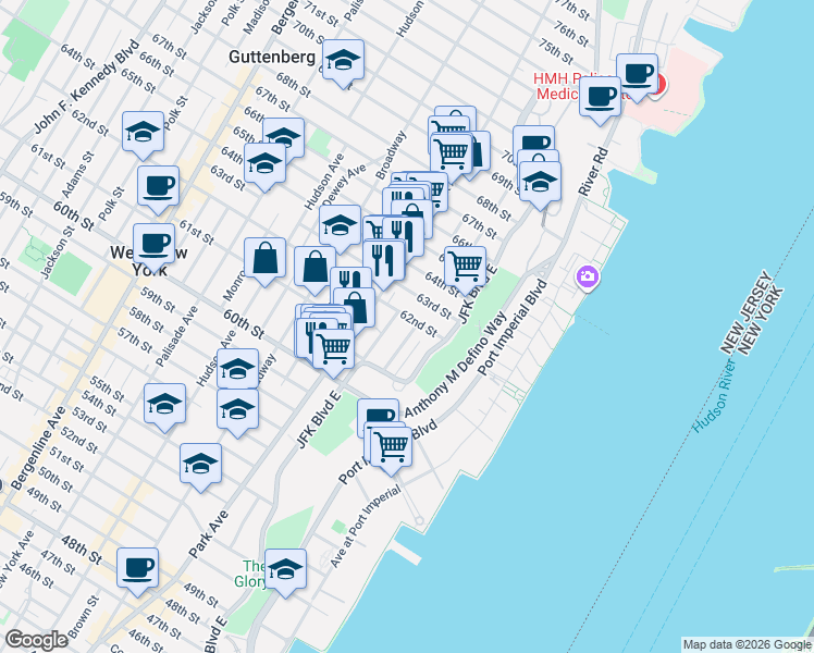 map of restaurants, bars, coffee shops, grocery stores, and more near 6114 Highland Place in West New York