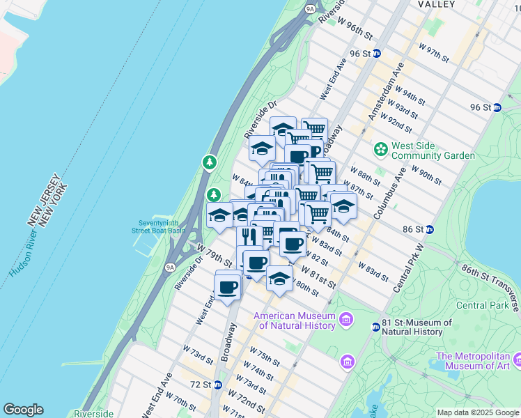 map of restaurants, bars, coffee shops, grocery stores, and more near West End Ave & W 83rd St in New York
