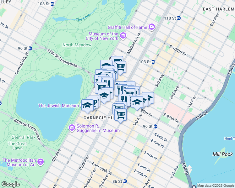 map of restaurants, bars, coffee shops, grocery stores, and more near 1240 Park Ave in New York