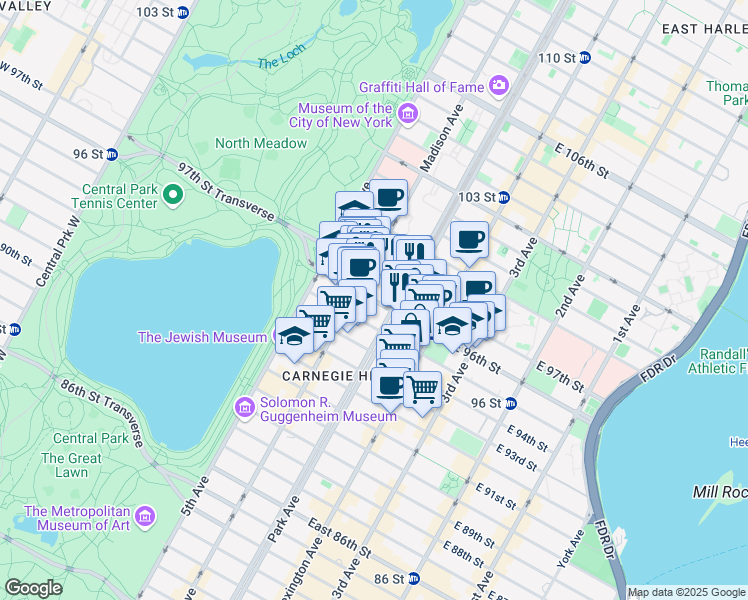 map of restaurants, bars, coffee shops, grocery stores, and more near 63 East 96th Street in New York