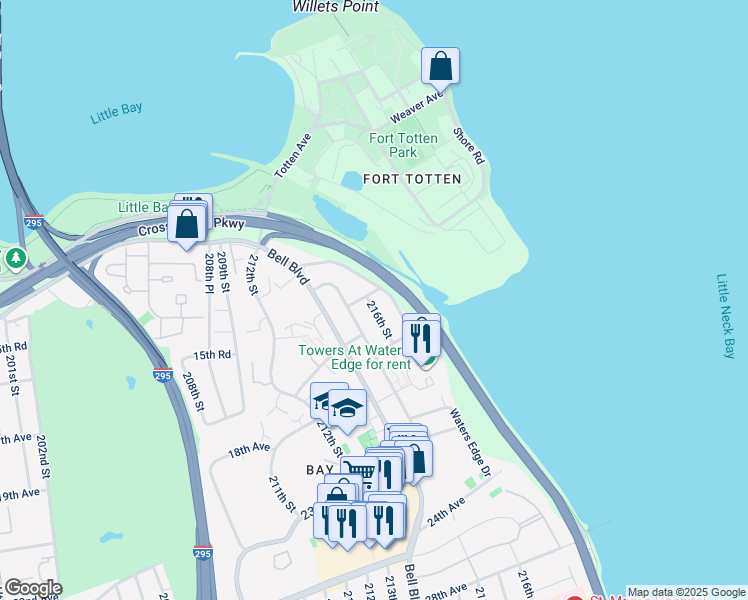 map of restaurants, bars, coffee shops, grocery stores, and more near 15-54 216th Street in Queens
