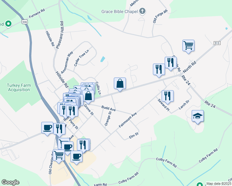 map of restaurants, bars, coffee shops, grocery stores, and more near 263 Main Street in Chester