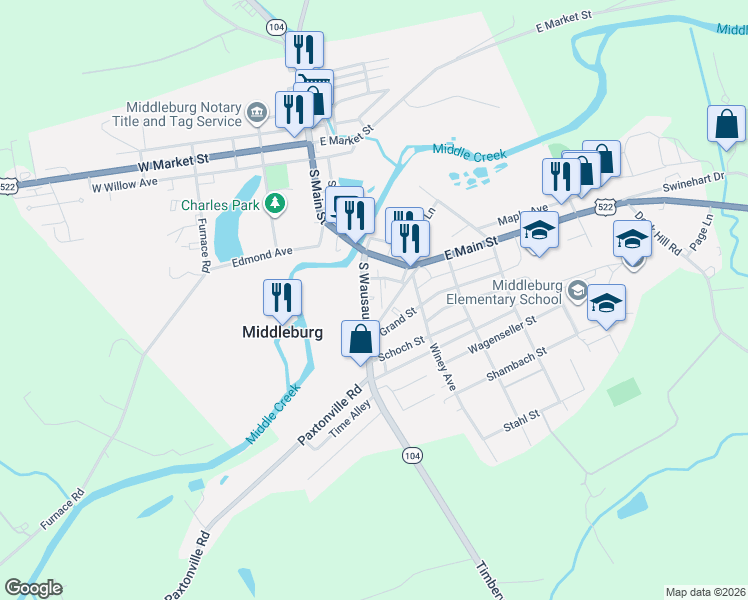 map of restaurants, bars, coffee shops, grocery stores, and more near 2-98 Railroad Avenue in Middleburg