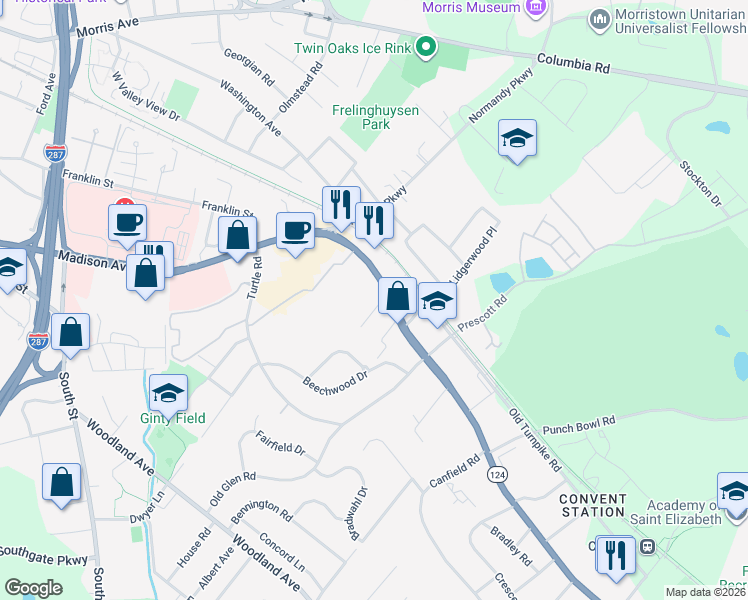 map of restaurants, bars, coffee shops, grocery stores, and more near 221 Pitney Place in Morristown